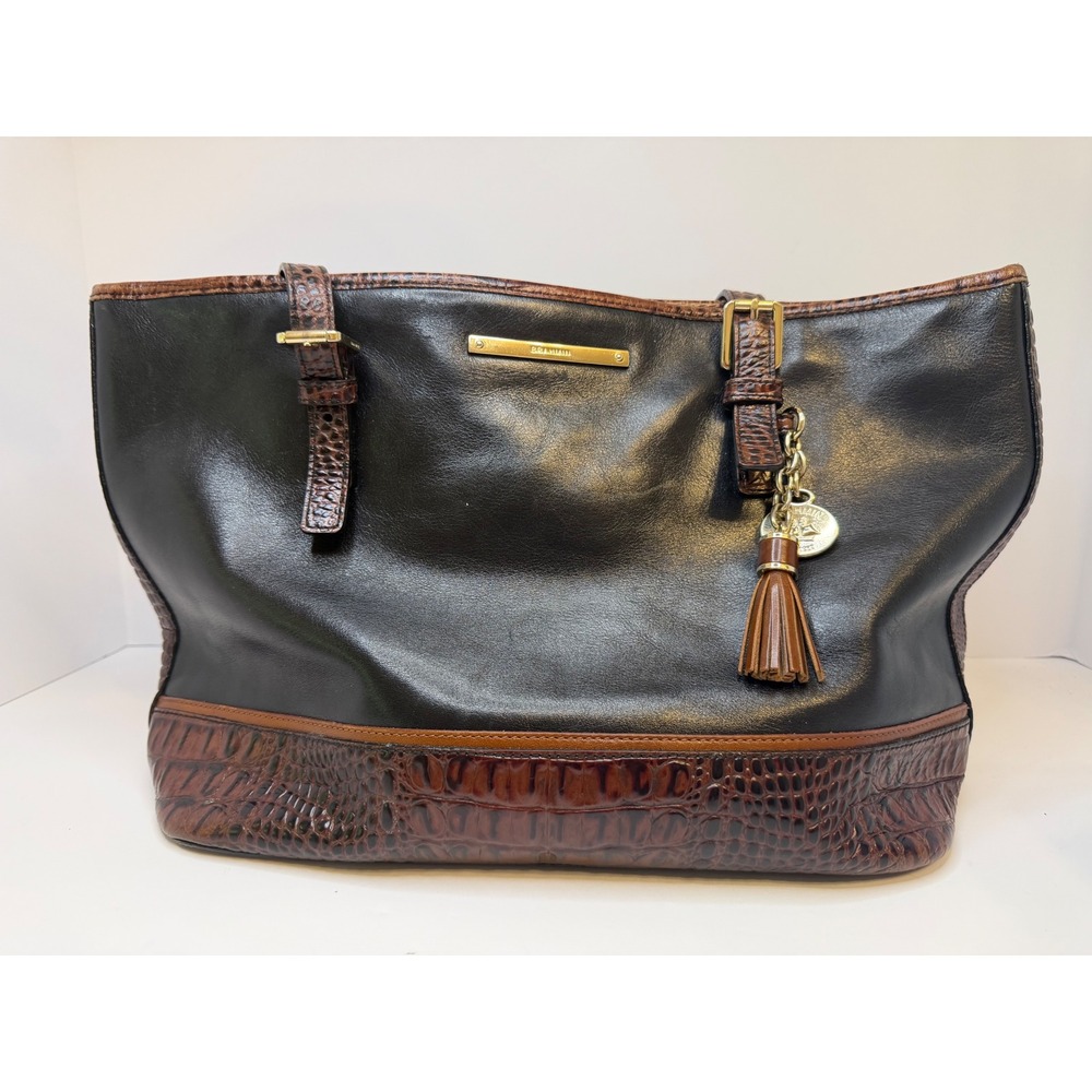 Brahmin Black Leather Tote Bag Brown Crocodile Embossed Trim Gold Hardware